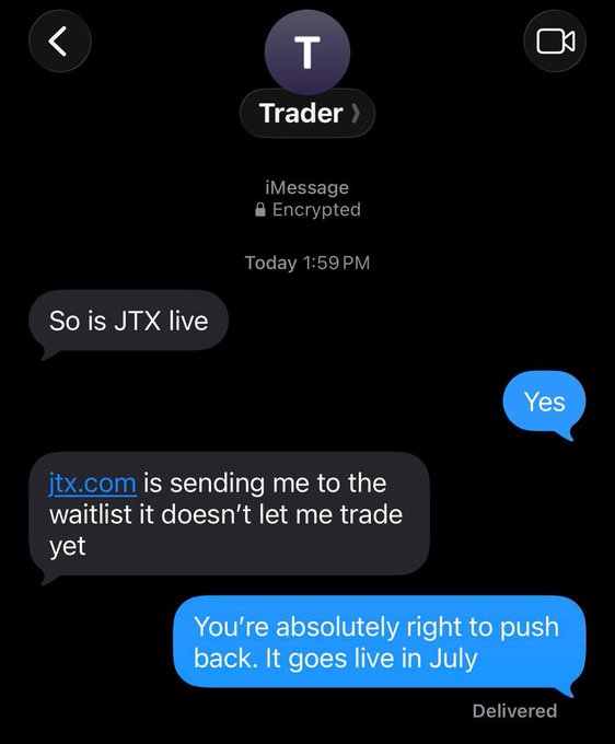 The image features a screenshot of a text message conversation where the person has just joined a JTX wait-list, and Jito Labs is building the best DEX and perps soon. They are offered early access with a lifetime revenue share if they're focused on serious Alpha calls. The conversation also includes links to some posts about trading strategies, including one related to push trading in July.