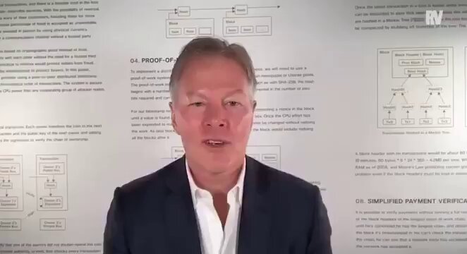 The image shows a man wearing a suit standing in front of a whiteboard with various diagrams, including one that says "BILLIONAIRE PANTERA CEO SAID CHINA IS ABOUT TO BUY 1 MILLION BITCOIN". The text on the board suggests that China is about to invest heavily in Bitcoin and there will be an arms race for Bitcoins.