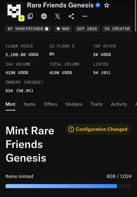 A screenshot of a NFT collection page titled 'Rare Friends Genesis' showing a floor price of 2,160.00 USDG, 906 items, and 534 owners.