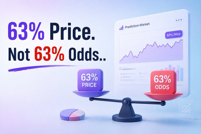 A bold graphic reading "63% Price. Not 63% Odds." sits beside a 3D balance scale weighing "63% Price" against "63% Odds," with a "Prediction Market" dashboard displayed in the background. The image visually reinforces the post's message that prediction market prices on platforms like Polymarket and Kalshi don't directly translate to true probabilities, as they can be influenced by sentiment, liquidity, and late trades.