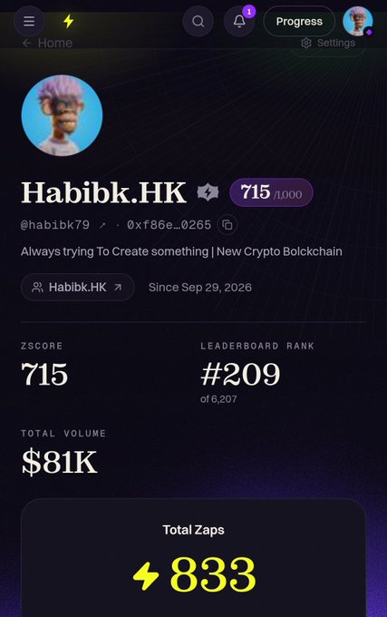 A profile page for 'Habibk.HK' (@habibk79) showing a ZScore of 715, leaderboard rank #209 of 6,207, total volume of $81K, and 833 total Zaps on what appears to be a crypto platform.