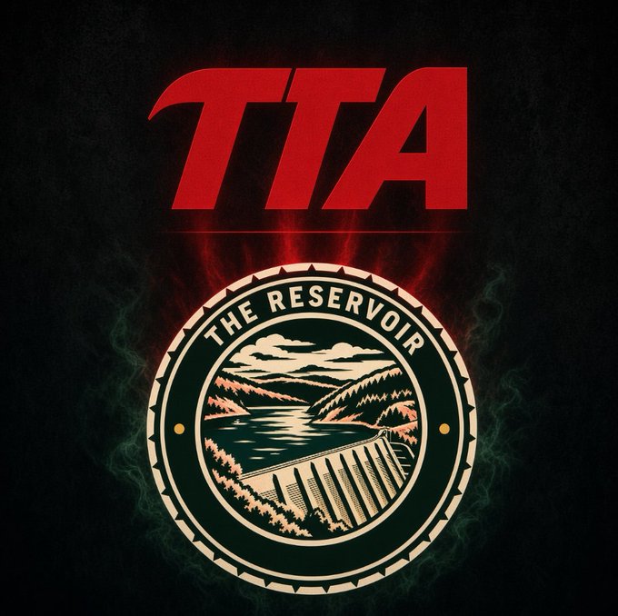 An album cover or logo featuring the bold red text 'TTA' above a circular emblem reading 'THE RESERVOIR' with a stylized illustration of a river valley and dam.