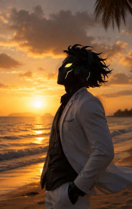 A silhouetted figure with glowing yellow eyes and a headset, wearing a white lab coat with "TENKAT" embroidered on the chest, stands against a vibrant sunset over the ocean.
