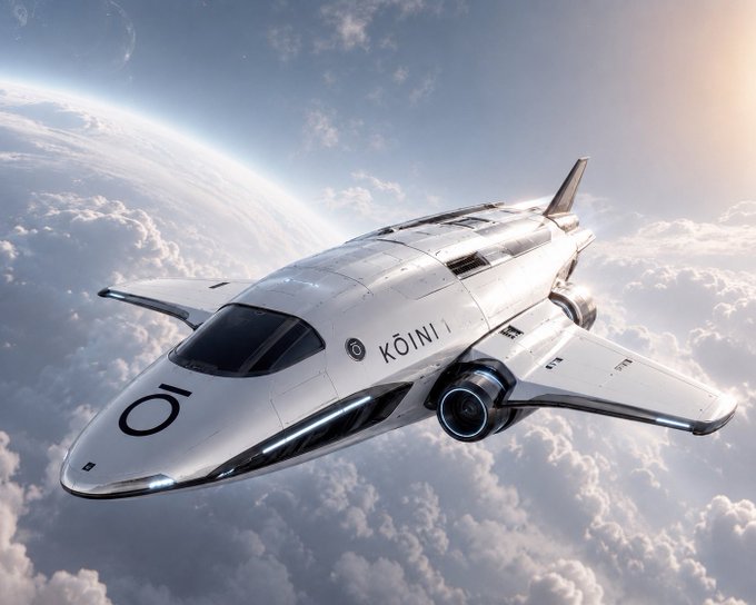 A futuristic white spacecraft marked 'KOINI' flying above clouds with a planet visible in the background.