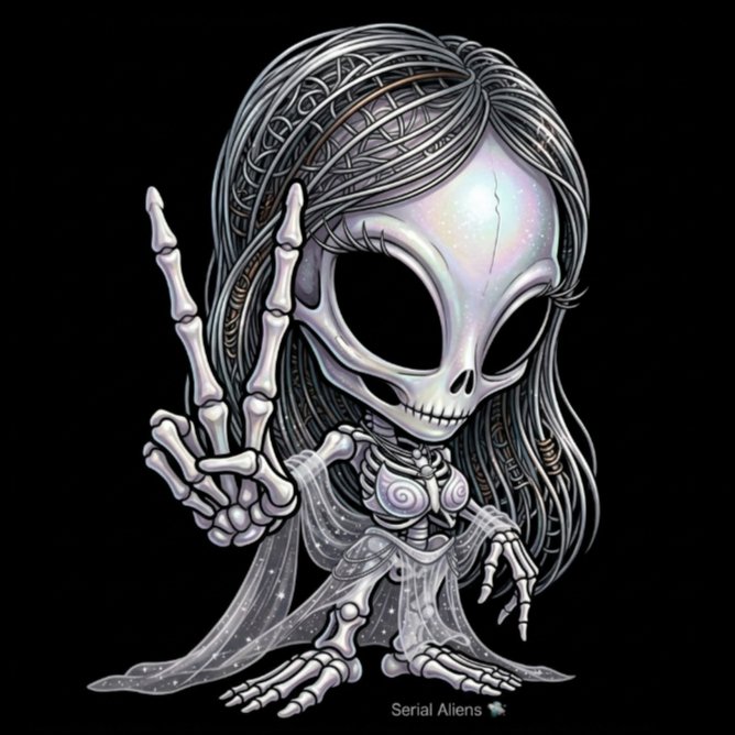 A stylized skeletal alien figure with elongated limbs flashes a peace sign against a black background, featuring intricate hair detailing, galaxy-like sparkles, and a flowing dress. The text "Serial Aliens" appears at the bottom, tying into the post's promotional content for an NFT collection by @davidalexp7 and @Laugh_Project, emphasizing themes of evolution, uniqueness, and digital artistry on the Tezos blockchain.
