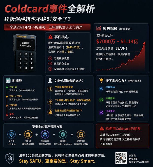 This infographic in Chinese titled "Coldcard事件全解析" (Coldcard Incident Full Analysis) explains how a firmware RNG (Random Number Generator) vulnerability, affecting only 40-72 bits out of 128-256 bits of entropy, led to an estimated $70M-$114M loss across thousands of addresses from a flaw buried since 2021. It outlines the timeline (2021 leak→2021-2025 silent seed generation→2025 exploitation) and emphasizes key takeaways like the need for short Coldcard wallets created after 2021 to migrate to new seeds, reinforcing the post's central question about whether self-custody is truly safe.