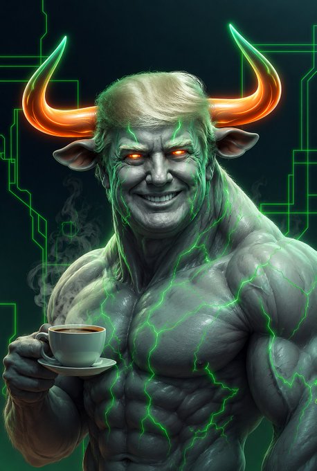 A muscular demon-like figure with orange glowing horns, green lightning veins, and red eyes holding a teacup, set against a digital circuit board background with green lighting.