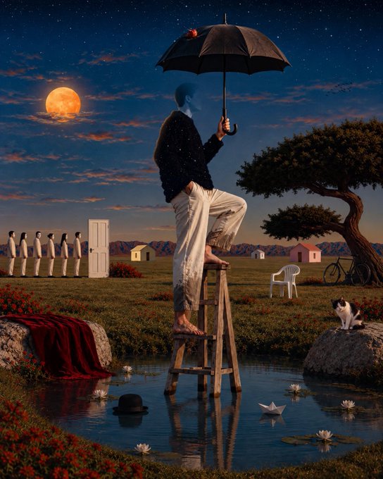 A surreal illustration depicts a blue-skinned figure standing on a ladder holding an umbrella over a moonlit landscape with a pond, floating paper boat, small houses, and a line of identical people near an open door.