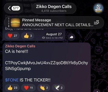A Telegram channel screenshot showing a Zikko Degen Calls post with 4,418 subscribers announcing the $FONE ticker, displaying the contract address "CTPoyCwkjMvoJwU4xvZZqoD8tiYk6yDchySiN5gGpump" alongside 23 likes, supporting the user's claim of calling the token early and profiting from its rise to $38M ATH.