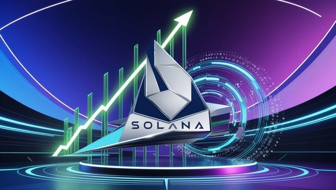 A futuristic 3D rendering showcases the Solana logo prominently displayed on a stylized podium, set against a glowing background of rising green and teal bar charts with an upward-pointing arrow, symbolizing growth. The "SOLANA" text is clearly visible, aligning with the post's theme of Solana's progress toward Alpenglow and the increasing integration of institutional tokenized funds on its blockchain.