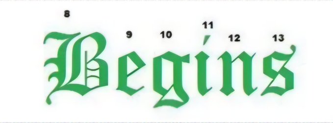 The image displays the word "Begins" in an ornate green Gothic/blackletter font, with the numbers 8 through 13 labeled above each letter (B-e-g-i-n-s), visually representing the phrase "Follow the Green Light 8 to 13" by color-coding each letter in green and numbering them sequentially.