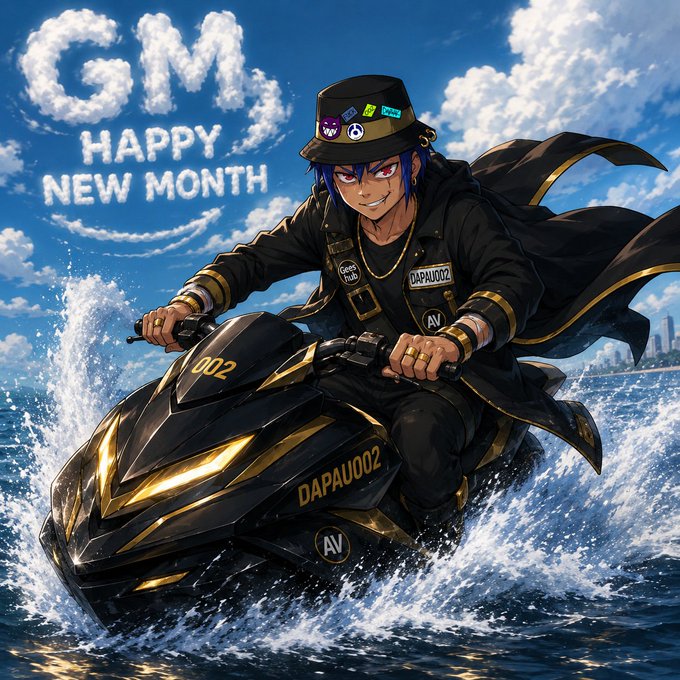 Anime-style illustration of a blue-haired character riding a black and gold jet ski through the ocean waves, with 'GM Happy New Month' written in clouds in the sky above.