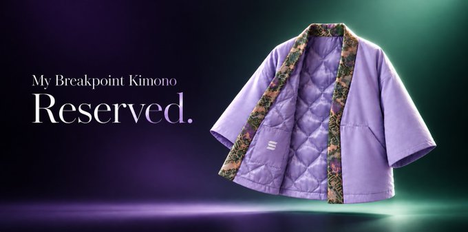 An advertisement for a purple "My Breakpoint Kimono" with floral patterned trim, featuring the word "Reserved." in large white text against a dark background with green and purple lighting.