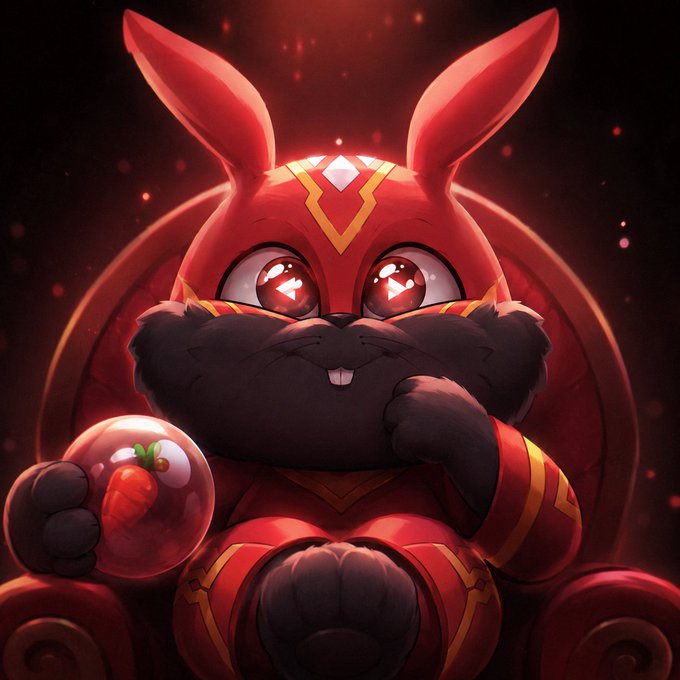 A cute red-armored cartoon bunny with large sparkling eyes sits on a red throne, holding a clear bubble containing a tiny carrot, perfectly embodying the "BubbleBuns" mascot. The image ties directly to the post's promotion of the early-stage $BB-ZBPW Web3 community on Avalanche, using the adorable throne-sitting character to represent the project's growing, playful brand identity.