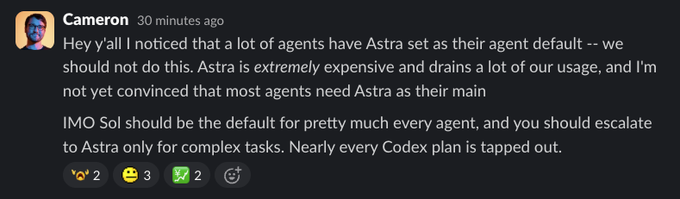 A Discord message from user 'Cameron' discussing default AI agents, stating 'Astra is extremely expensive' and suggesting 'Sol should be the default.'