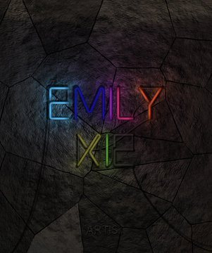 Colorful neon text spelling "EMILY XII" is embedded within a cracked stone texture, representing artist Emily Xie as part of the "Luminaries" generative art collection by Dario Lanza, which celebrates influential figures in blockchain art and was exhibited at Anahuacalli.