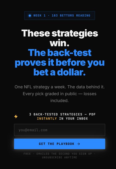 This image is a promotional landing page from The Playbook IQ advertising "3 Back-Tested Strategies" for NFL betting, claiming one NFL strategy per week with data-backed picks and public grading of wins and losses. It features a bold headline reading "These strategies win. The back-test proves it before you bet a dollar," along with a call-to-action button to "GET THE PLAYBOOK" via email sign-up, tying directly to the post's recommendation of ThePlaybookIQ's backtested NFL strategies as a smarter, data-driven alternative to guessing picks like those used on Polymarket.