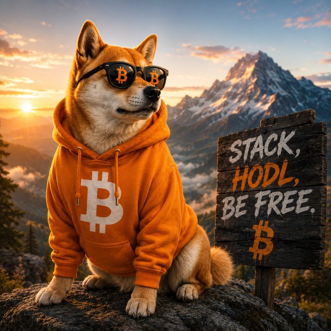 A Shiba Inu dog wearing sunglasses with the Bitcoin logo and an orange hoodie with the same logo, sitting next to a wooden sign that says 'Stack, HODL, Be Free. ₿' against a mountain sunset backdrop.