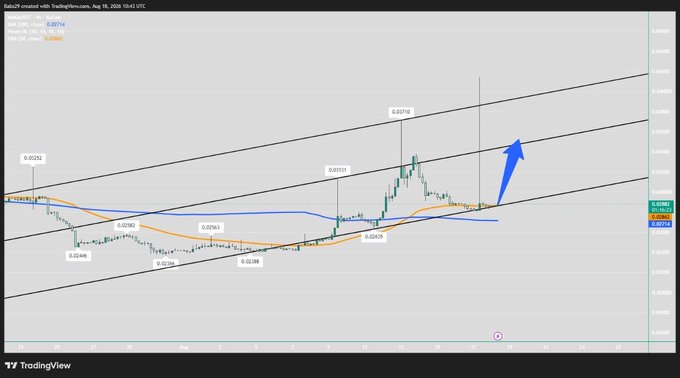 TradingView chart labeled 'BABY9' created with TradingRevenue showing price action within an ascending channel, with a blue arrow pointing upward indicating a bullish breakout.