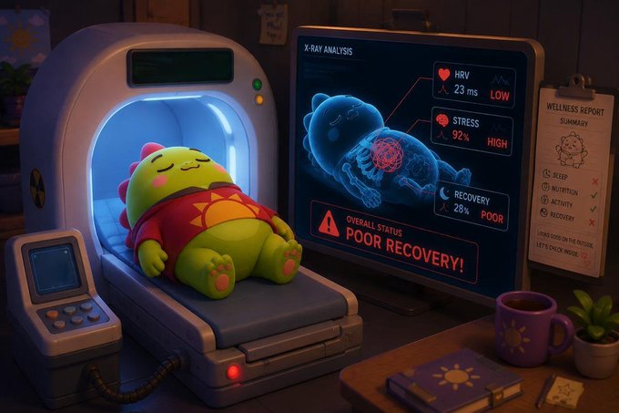 A digital illustration shows a green dinosaur character undergoing an 'X-RAY ANALYSIS' in a machine, with the results indicating 'STRESS 92% HIGH', 'RECOVERY 28% POOR', and an 'OVERALL STATUS' of 'POOR RECOVERY!'.