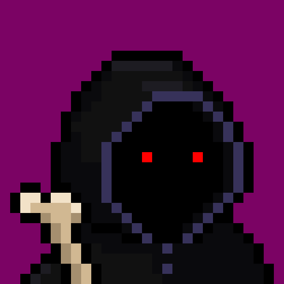 A pixel art illustration of a dark hooded figure with glowing red eyes, holding a bone-like object against a solid purple background.