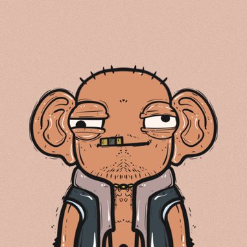 A cartoon illustration of a bald man with large ears, half-closed eyes, and a cigarette in his mouth wears a black vest over a gray hoodie.
