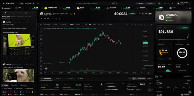 A screenshot of the Spectre AI trading dashboard displaying a chart for the CASHCAT token priced at $0.0924, with a market cap of $91.63M and various trending crypto project tokens shown on the sidebar.