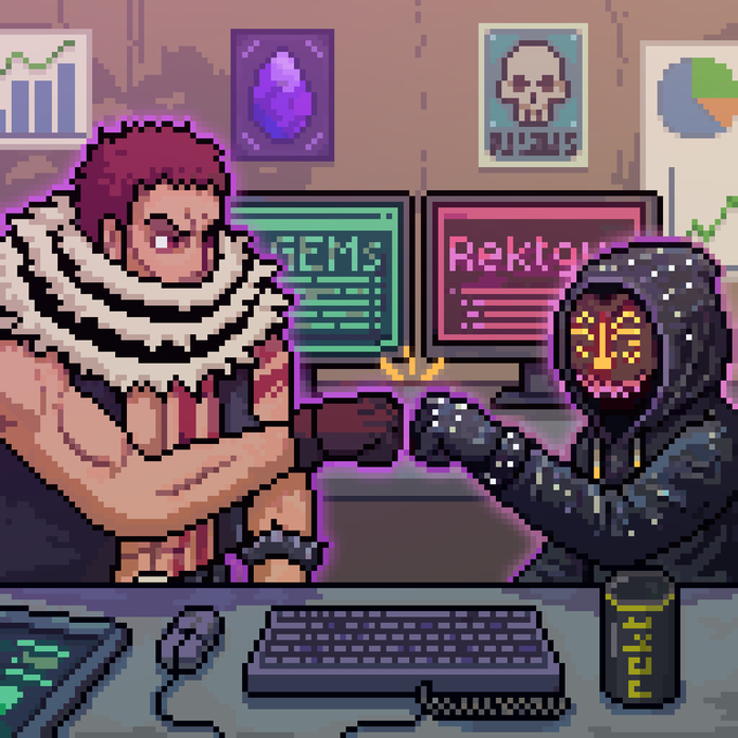 Pixel art illustration of two hooded figures shaking hands in a tech-themed setting with dual monitors displaying 'GEMs' and 'Rektgu' alongside charts and an NFT skull.