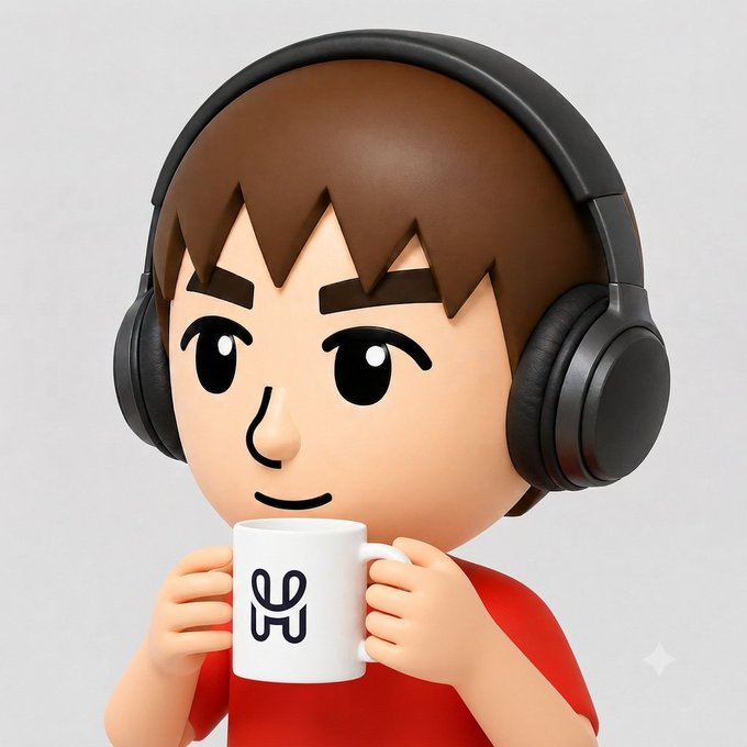 A 3D-rendered cartoon character with brown hair wearing large black headphones, holding a white mug with a logo, dressed in a red shirt.