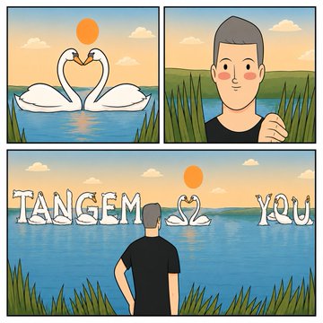 A three-panel cartoon illustrating a scenic lake view where clouds and the sun form the shapes of hearts, with the bottom panel reading 'TANGEM YOU'.
