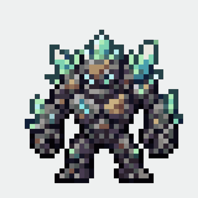 A pixel art character in a dark, armored suit with glowing cyan accents stands against a white background.