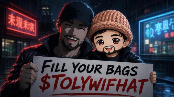 Anime-style illustration of two characters holding a sign that reads 'FILL YOUR BAGS $TOLYWIFHAT' in a neon-lit rainy city setting.