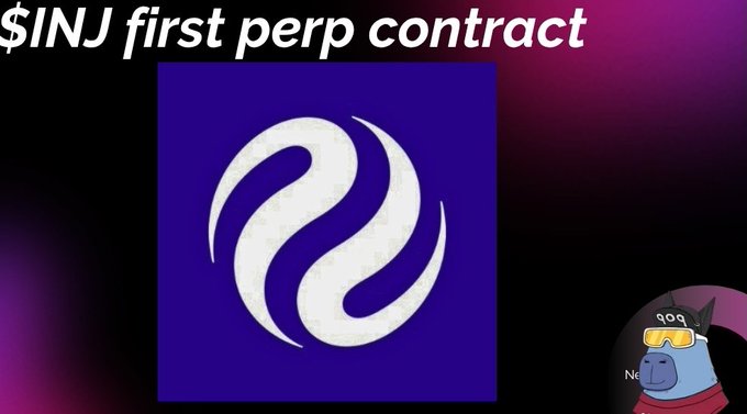 The image features a blue logo for $INJ, which has been gaining attention recently. The logo is displayed prominently against a purple background with white text. The caption below the logo reads "$INJ first perp contract", indicating that there might be an initial investment or partnership agreement between two parties. The post also mentions that the token has been gaining momentum in the market, suggesting that it could potentially have value and interest from investors.