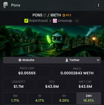 A crypto tracking app screen shows the token 'PONS' with a price of $0.05565, a market cap of $43.6M, and a 24-hour change of 16.61%.