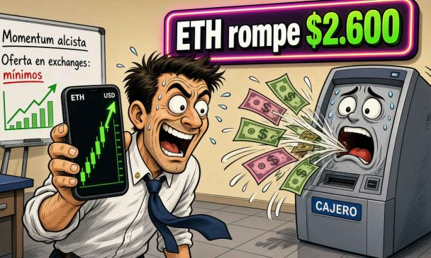 A cartoon illustration of an excited man holding a phone displaying a green ETH/USD price chart, with text reading 'Momentum alcista', 'Oferta en exchanges: mínimos', and 'ETH rompe $2.600' above a distressed ATM labeled 'CAJERO' spewing cash.