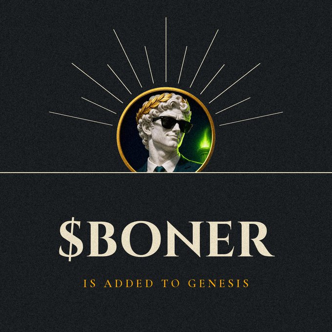 A classical statue bust wearing sunglasses and a laurel wreath is reimagined with sunglasses and a green glow in a gold circular frame, set against a dark background with radiating lines. Below the image, the text reads "**$BONER IS ADDED TO GENESIS**," promoting the launch of a new farm for the $BONER token, framing it as a revered addition to the Genesis platform.