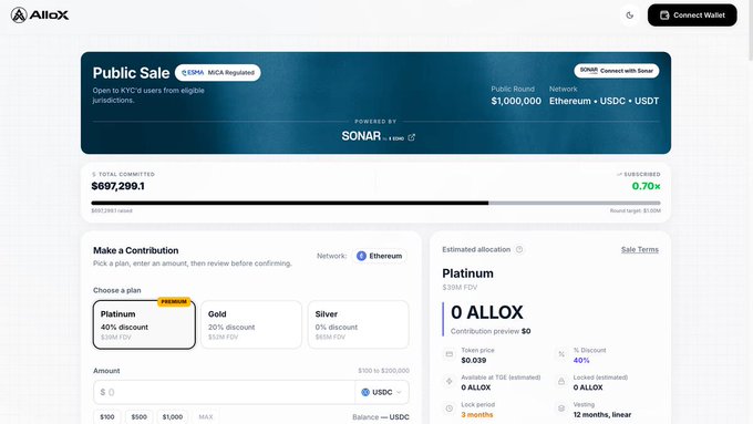 A screenshot of the AlloX cryptocurrency public sale page showing a $1,000,000 round on Ethereum/USDC/USDT networks powered by Sonar, with Platinum, Gold, and Silver discount tiers and an 0.70x subscription multiplier.