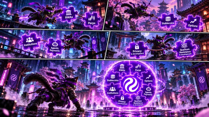 A stylized, purple-themed digital artwork featuring a samurai warrior and a circular menu with options including "RWAs," "Perps," "Stablecoins," "Options," "Institutions," "Agentic Payments," "Privacy," and "Quantum Resistance."