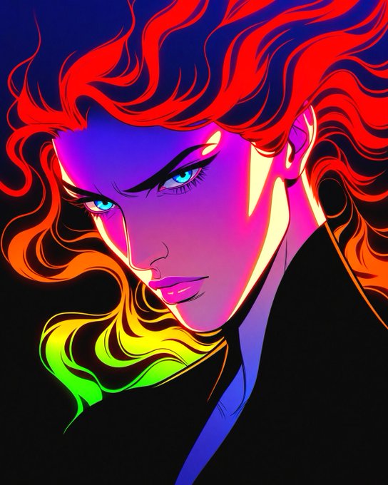 A vibrant, stylized digital portrait features a woman with flowing rainbow-colored hair transitioning from red to orange to yellow to green, with piercing blue eyes against a dark blue background.