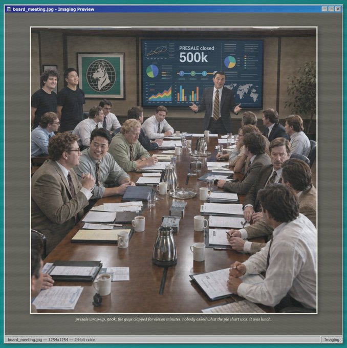A boardroom filled with men in suits and casual attire sits around a long conference table cluttered with coffee mugs, thermoses, and papers, while a man in a suit stands at the head gesturing in front of a large screen displaying "PRESALE closed 500k" alongside various charts, pie graphs, and a world map, humorously capturing the caption's joke about board members unanimously voting to pursue an IPO despite having no idea how one works.