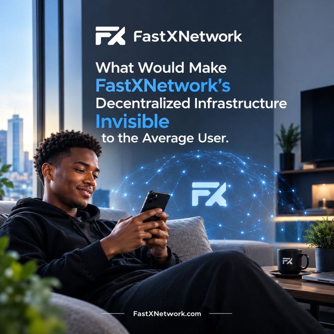 An advertisement for FastXNetwork featuring a man smiling while using his phone on a couch, with the text 'What Would Make FastXNetwork's Decentralized Infrastructure Invisible to the Average User.' and the website FastXNetwork.com.