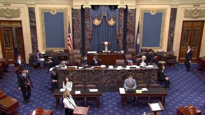 A legislative session is underway in what appears to be the U.S. Senate chamber, likely discussing the 309-page Digital Asset Market CLARITY Act, with amendments due tomorrow and a markup vote confirmed for Thursday.