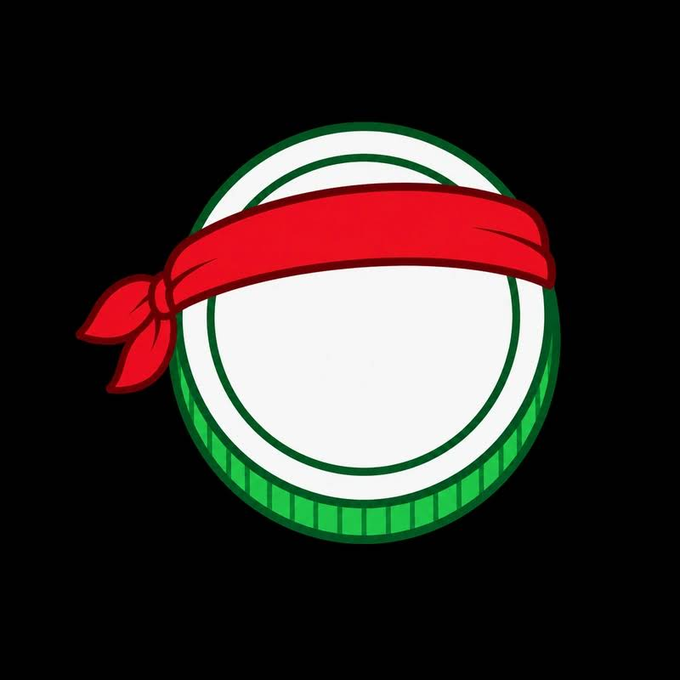 A cartoon-style coin graphic featuring a white circular face with a green ridged edge and a red bandana tied across the top, displayed on a black background. The illustration matches the post's description of a playful, themed cryptocurrency token the user purchased on the Robinhood chain for its fun design and customizable curving feature.
