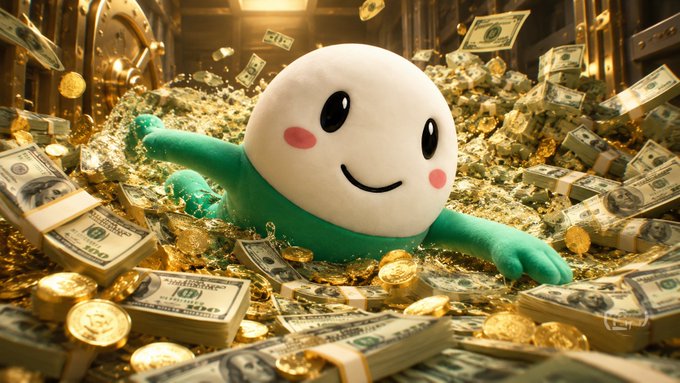 A 3D-rendered cartoon character with a white smiling face and green body lies surrounded by piles of gold coins, gold bars, and stacks of hundred dollar bills.