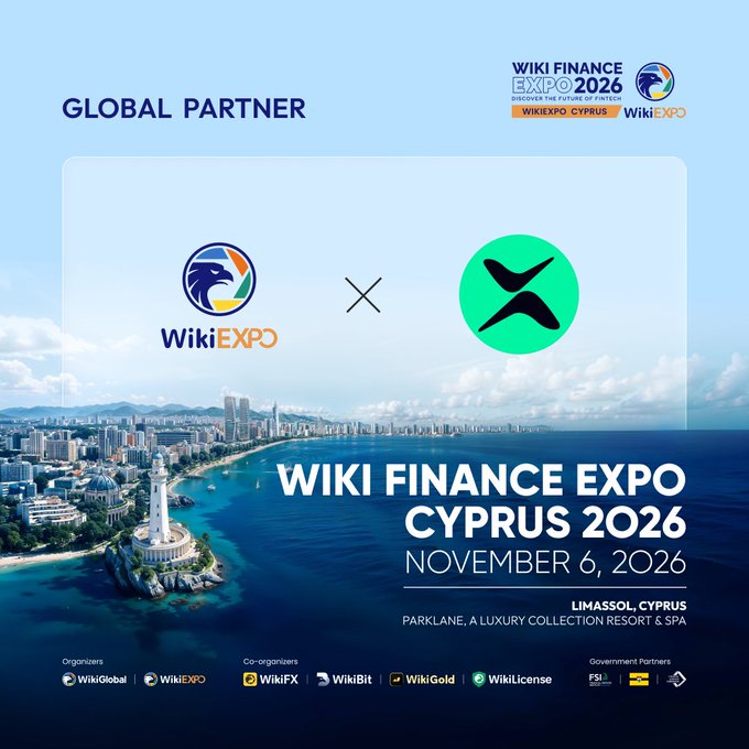 A promotional poster for 'WIKI FINANCE EXPO CYPRUS 2026' on November 6, 2026, at Parklane, a Luxury Collection Resort & Spa in Limassol, Cyprus, announcing a global partnership with the XRP (Ripple) logo.