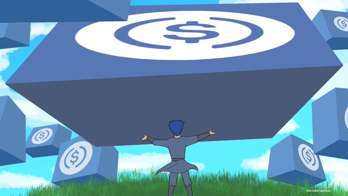 Anime-style illustration of a blue-haired character lifting a giant blue cube with a dollar sign symbol on it, surrounded by similar floating dollar cubes.