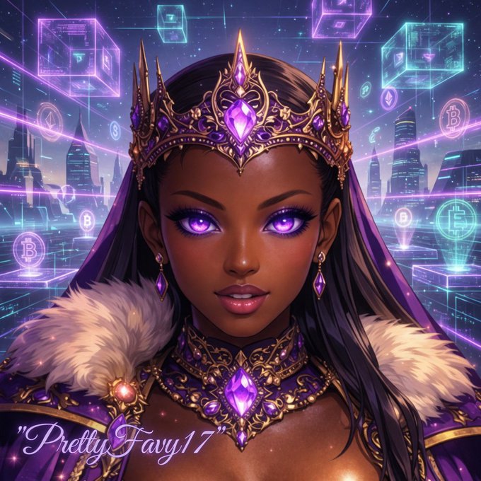 A digital illustration of a regal Black woman wearing an ornate golden crown with purple gems and a fur-trimmed cloak, with glowing purple eyes set against a neon cyberpunk cityscape; text reads 'PrettyFavy17'.