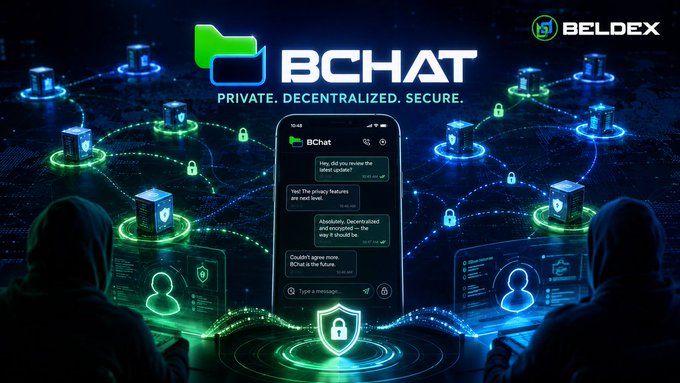 A promotional graphic for Bchat by Beldex, featuring a smartphone displaying a chat interface with sample messages like "Hey, did you receive the latest update?" and "Absolutely. Decentralized and encrypted — the way it should be," surrounded by glowing decentralized nodes and lock icons symbolizing end-to-end encryption and secure, private messaging. The "BELDEX" and "BCHAT — PRIVATE. DECENTRALIZED. SECURE." branding is prominently displayed at the top.