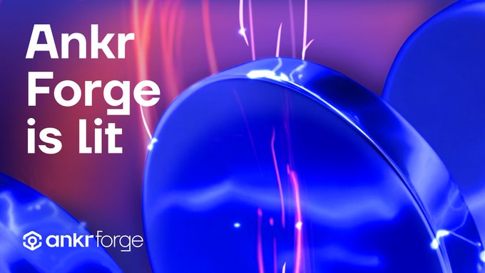 Promotional graphic featuring large blue spheres with glowing electrical streaks, displaying the text "Ankr Forge is lit" alongside the Ankr Forge logo, visually reinforcing the post's message about the platform being active for $ANKR holders to earn Points and share in the Drop pool.