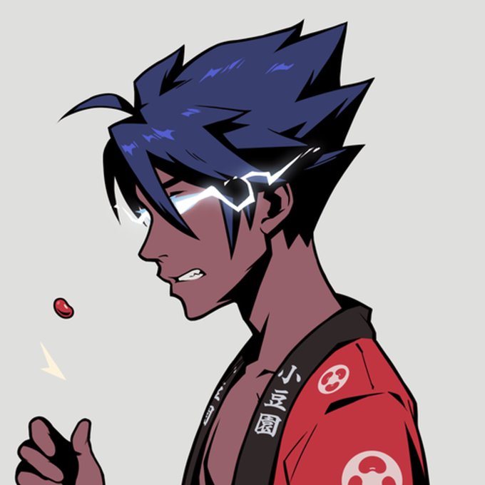 An anime-style illustration of a young man with spiky dark blue hair, glowing white lightning-shaped glasses, and a red jacket with Asian characters, shown in profile against a gray background.